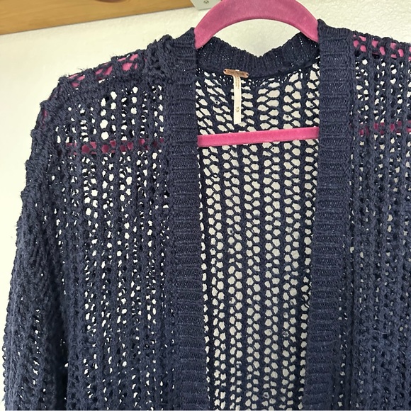 Free People "Gone Fishing" Short Sleeve Cardigan Sweater, Blue/Navy - Picture 3 of 4